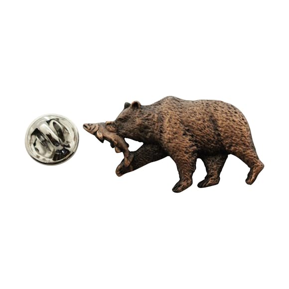 Brown Bear With Salmon Pin ~ Antiqued Copper ~ Lapel Pin ~ Sarah's Treats & Treasures