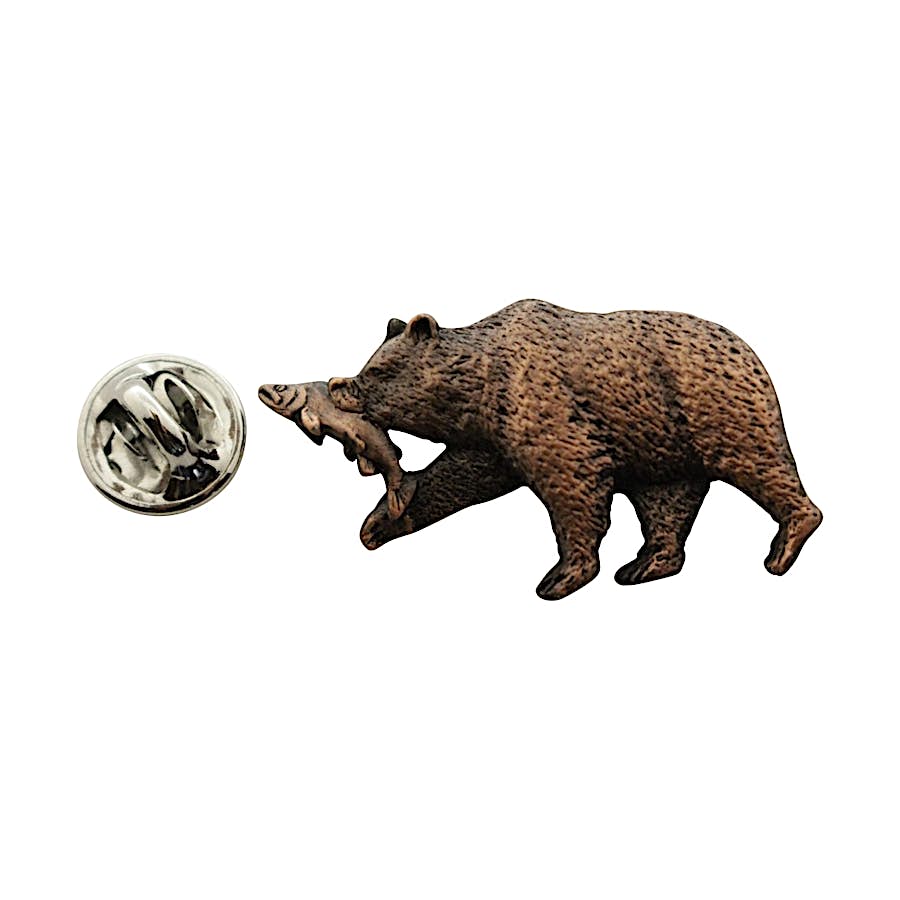 Brown Bear With Salmon Pin ~ Antiqued Copper ~ Lapel Pin ~ Sarah's Treats & Treasures