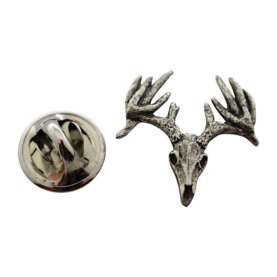 Thirteen Point Buck Skull Mini Pin ~ Antiqued Pewter ~ Miniature Lapel Pin ~ Sarah's Treats & Treasures